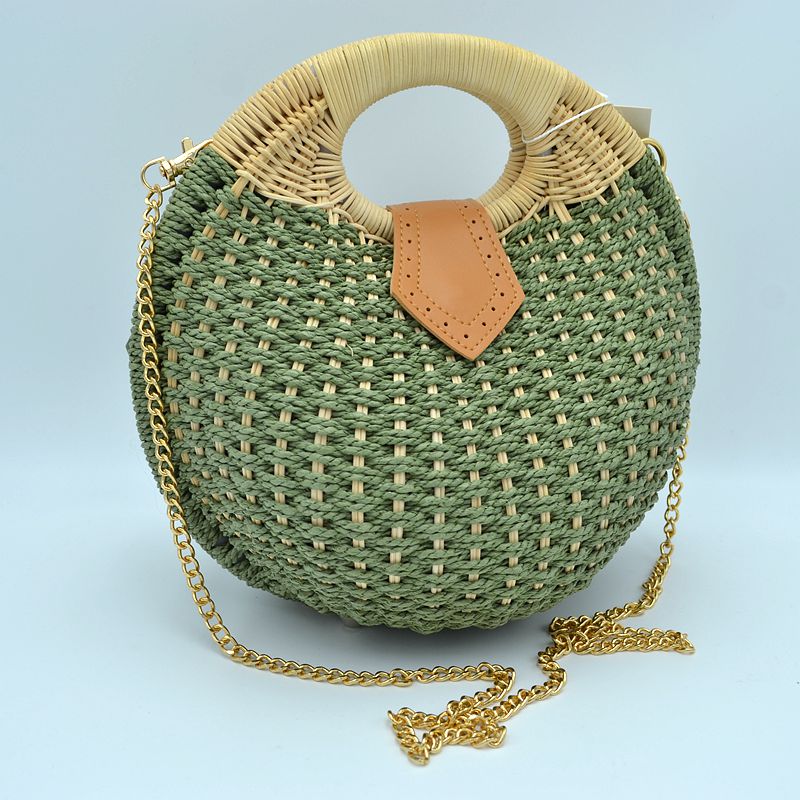 Boho Round Woven Straw Satchel – Convertible Circle Basket Bag with Chain Strap - Crossbody Bag