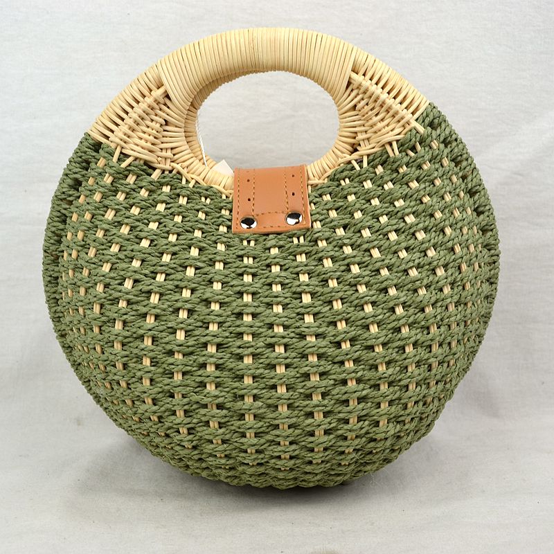 Boho Round Woven Straw Satchel – Convertible Circle Basket Bag with Chain Strap - Crossbody Bag