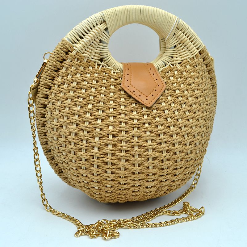 Boho Round Woven Straw Satchel – Convertible Circle Basket Bag with Chain Strap - Khaki - Crossbody Bag