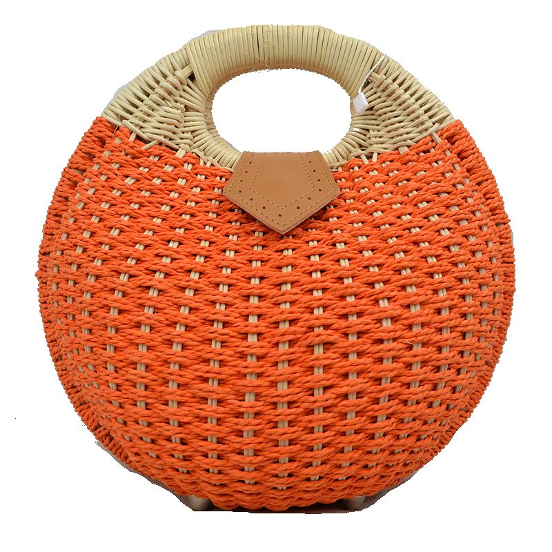 Round Woven Straw Handbag with Rattan Cutout Handle - Orange - Straw Bag
