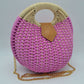 Boho Round Woven Straw Satchel – Convertible Circle Basket Bag with Chain Strap - Purple - Crossbody Bag
