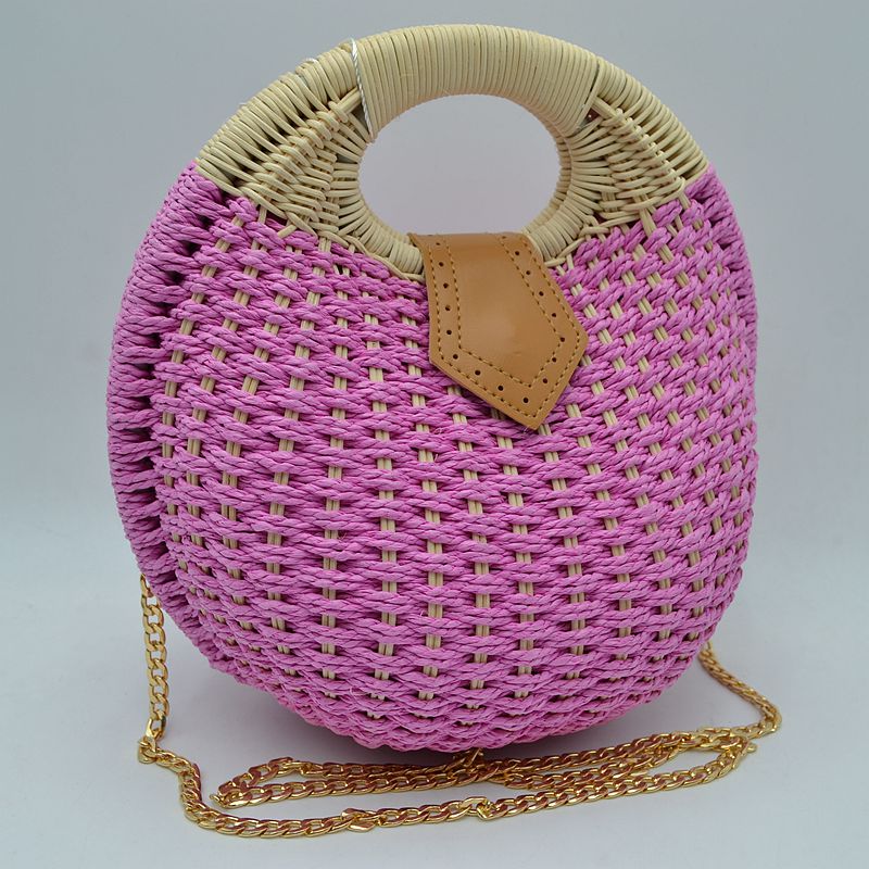 Boho Round Woven Straw Satchel – Convertible Circle Basket Bag with Chain Strap - Purple - Crossbody Bag