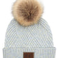 C.C Heather Beanie Hat With Pom Pom And Suede Patch - Pastel Blue - Beanies
