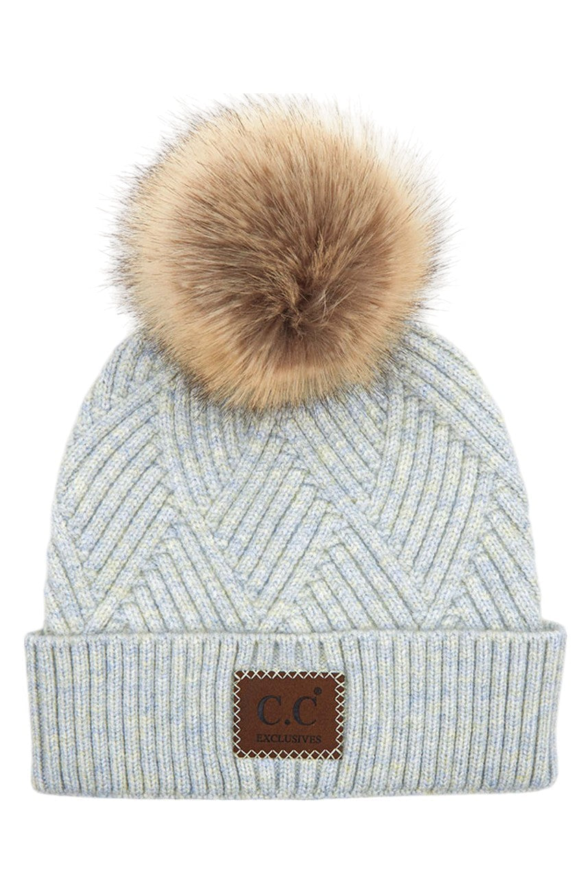 C.C Heather Beanie Hat With Pom Pom And Suede Patch - Pastel Blue - Beanies