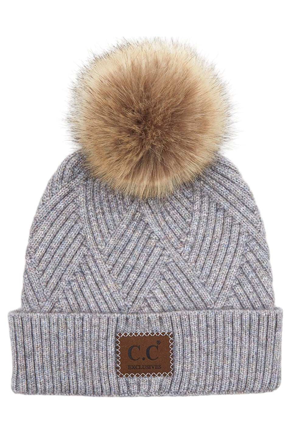 C.C Heather Beanie Hat With Pom Pom And Suede Patch - Periwinkle - Beanies