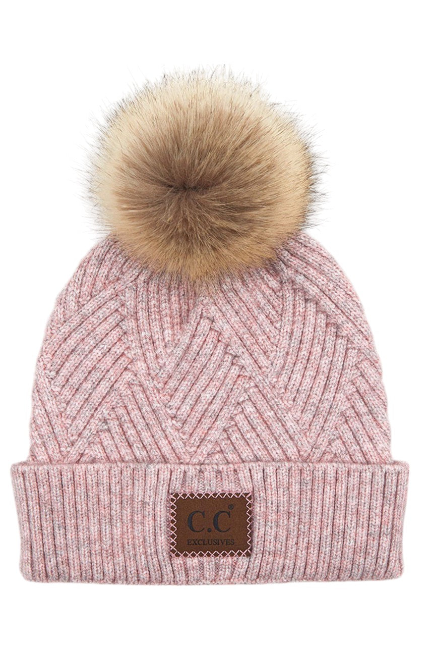 C.C Heather Beanie Hat With Pom Pom And Suede Patch - Rose - Beanies