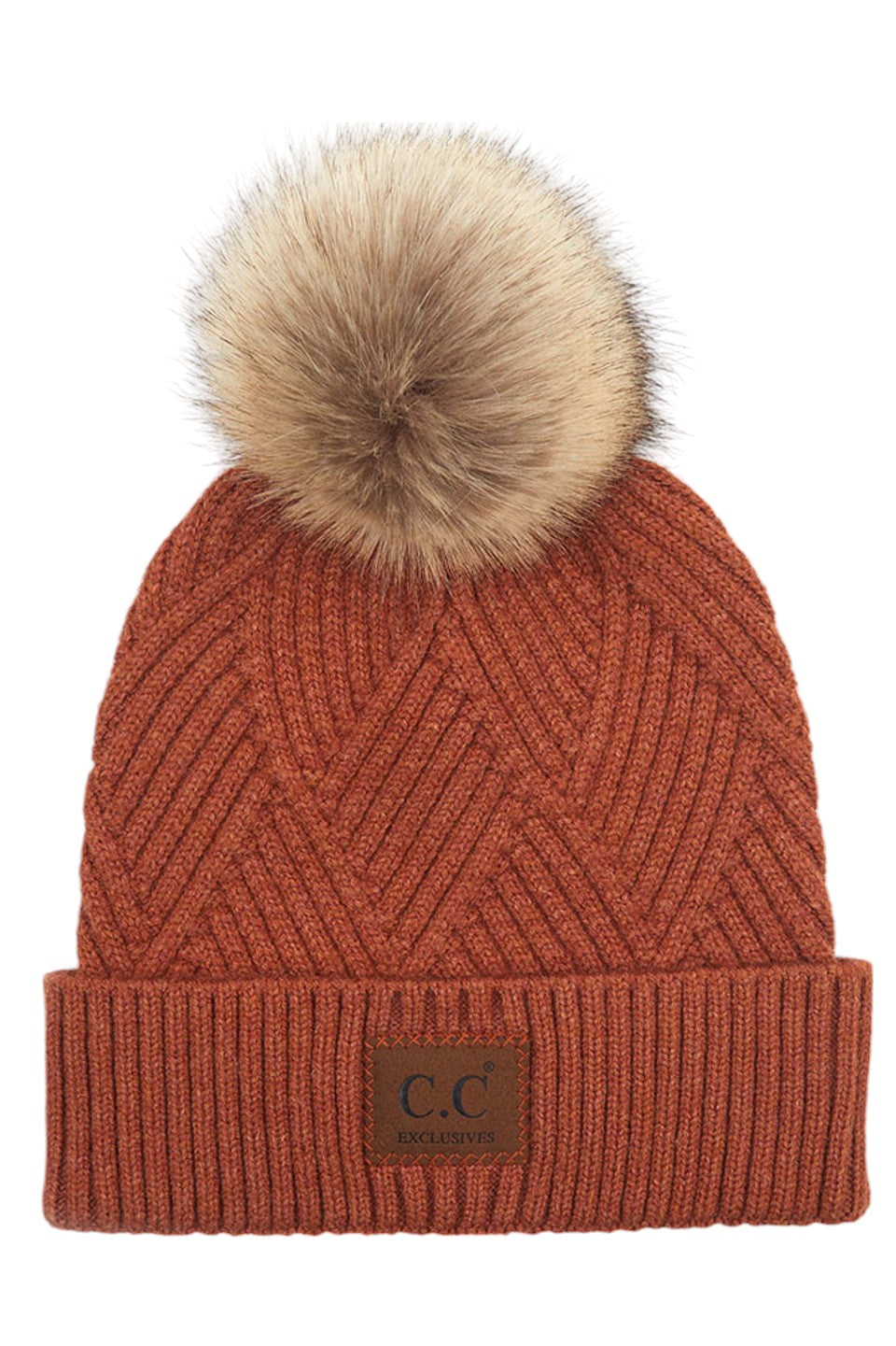 C.C Heather Beanie Hat With Pom Pom And Suede Patch - Rust - Beanies