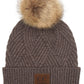 C.C Heather Beanie Hat With Pom Pom And Suede Patch - Taupe - Beanies