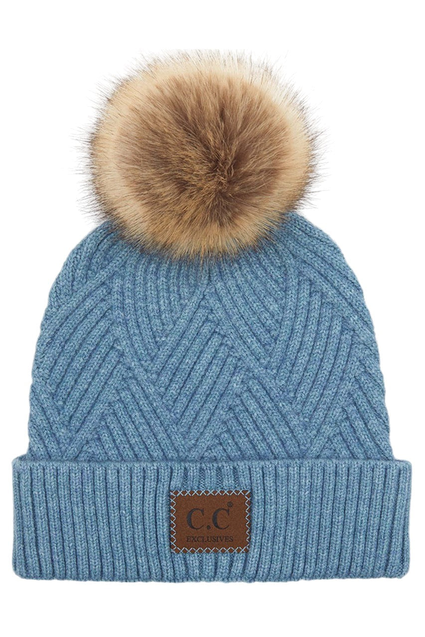 C.C Heather Beanie Hat With Pom Pom And Suede Patch - Steel Blue - Beanies