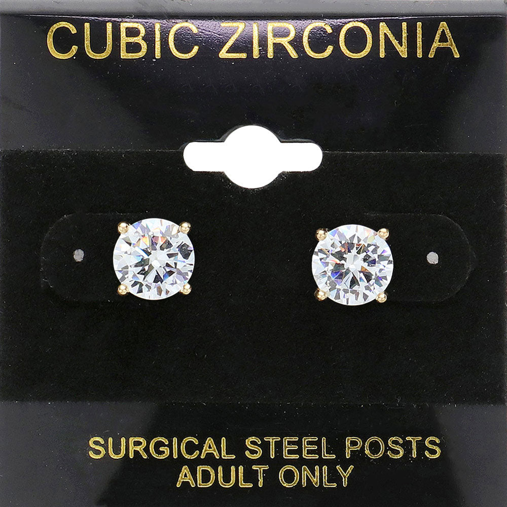 Clear, Gold 8mm Round CZ Stud Earrings