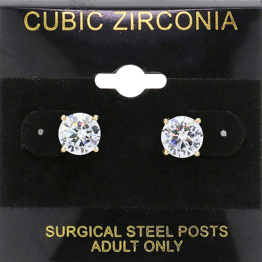 Clear, Gold 8mm Round CZ Stud Earrings