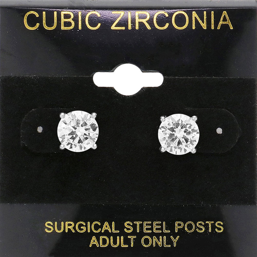 Clear, Silver 8mm Round CZ Stud Earrings