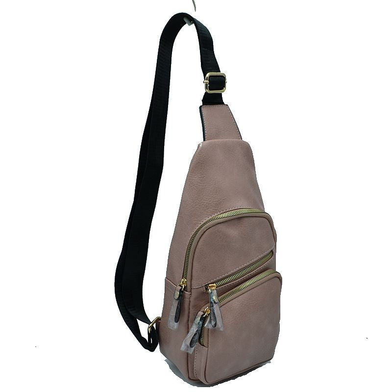 Multi-Zipper Crossbody Sling Bag with Adjustable Strap - Mauve - Sling Bag