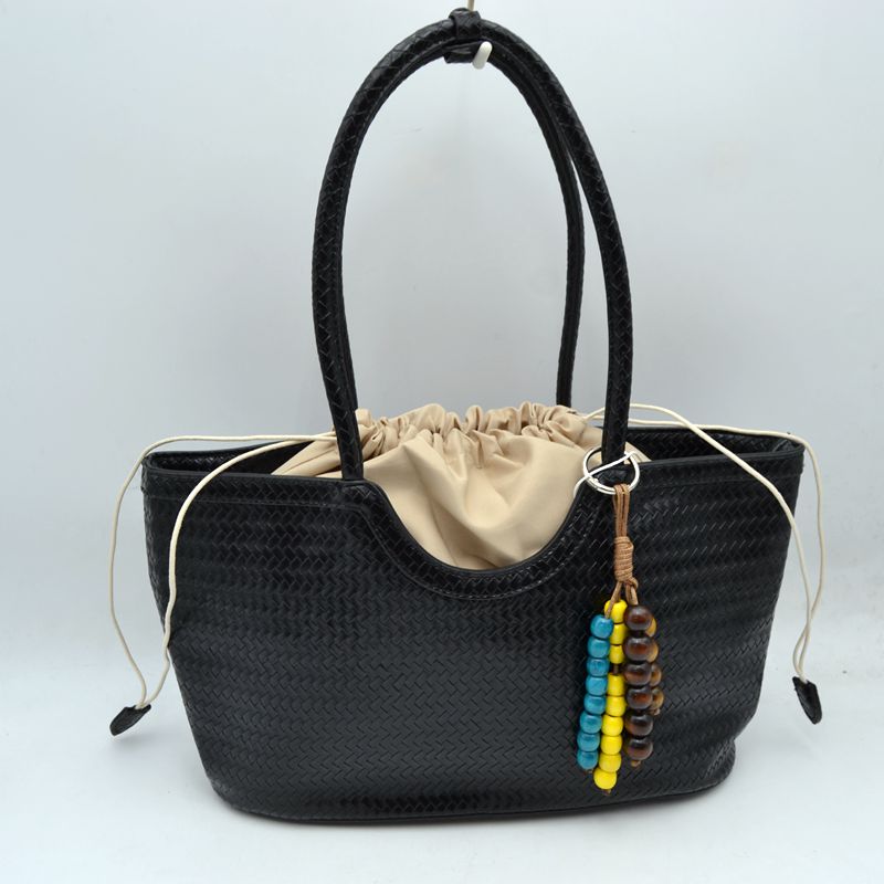 Woven Scoop-Top Tote Bag with Drawstring Lining and Beaded Charm - Black - Tote Bag