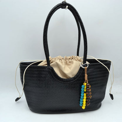 Woven Scoop-Top Tote Bag with Drawstring Lining and Beaded Charm - Black - Tote Bag