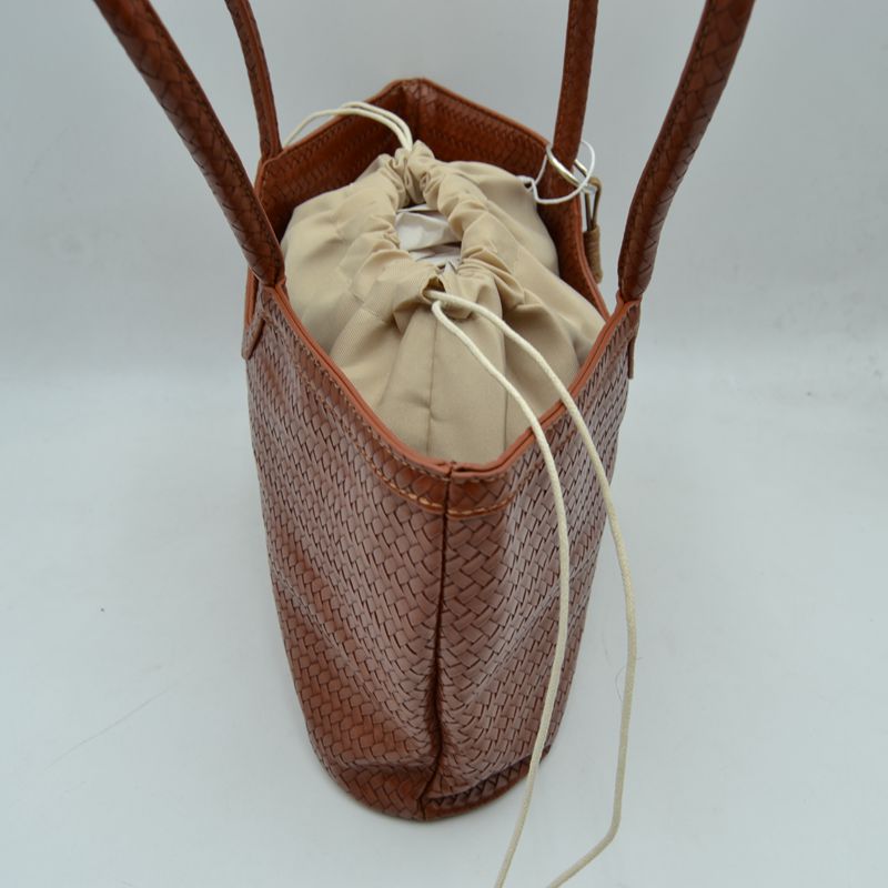 Woven Scoop-Top Tote Bag with Drawstring Lining and Beaded Charm - Tote Bag