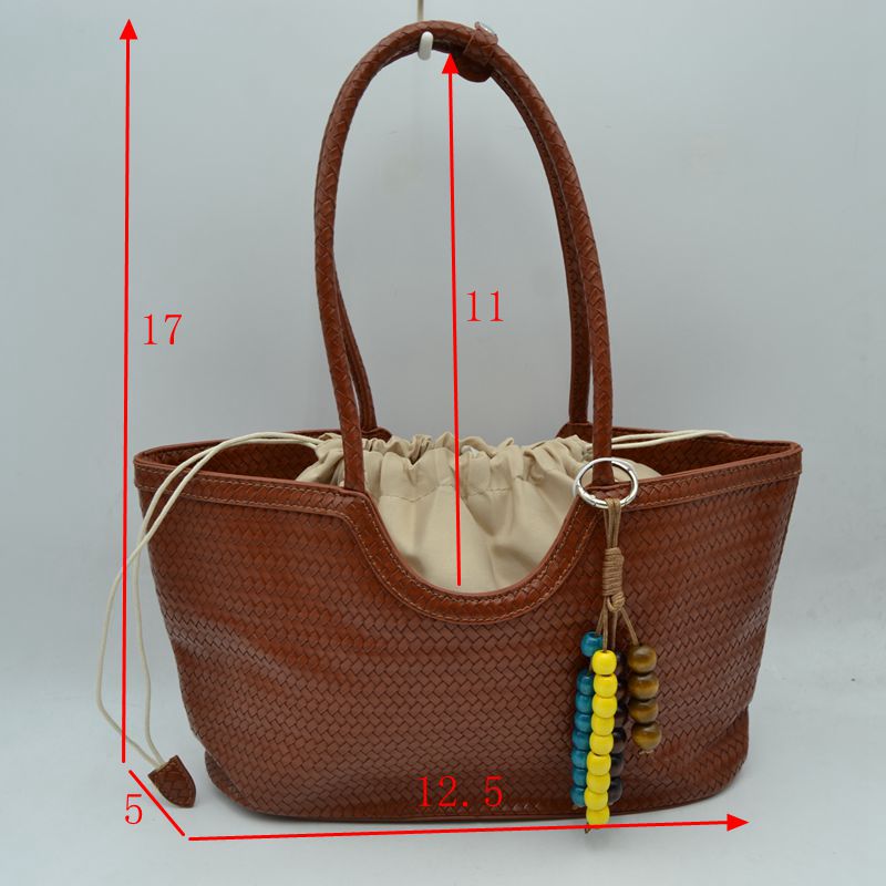 Woven Scoop-Top Tote Bag with Drawstring Lining and Beaded Charm - Tote Bag