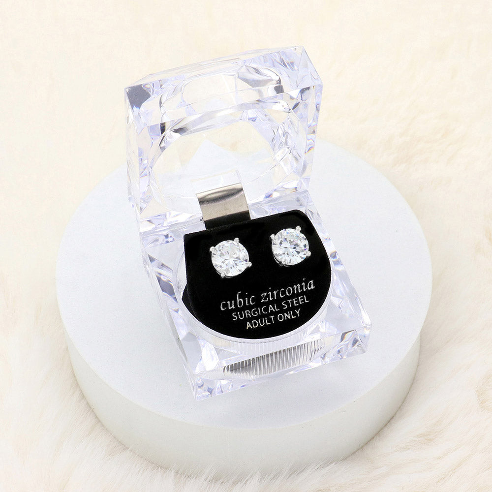 9mm Round Crystal Cubic Zirconia Stud Earrings in Clear Gift Box - Ready to Gift - Silver - Stud Earrings
