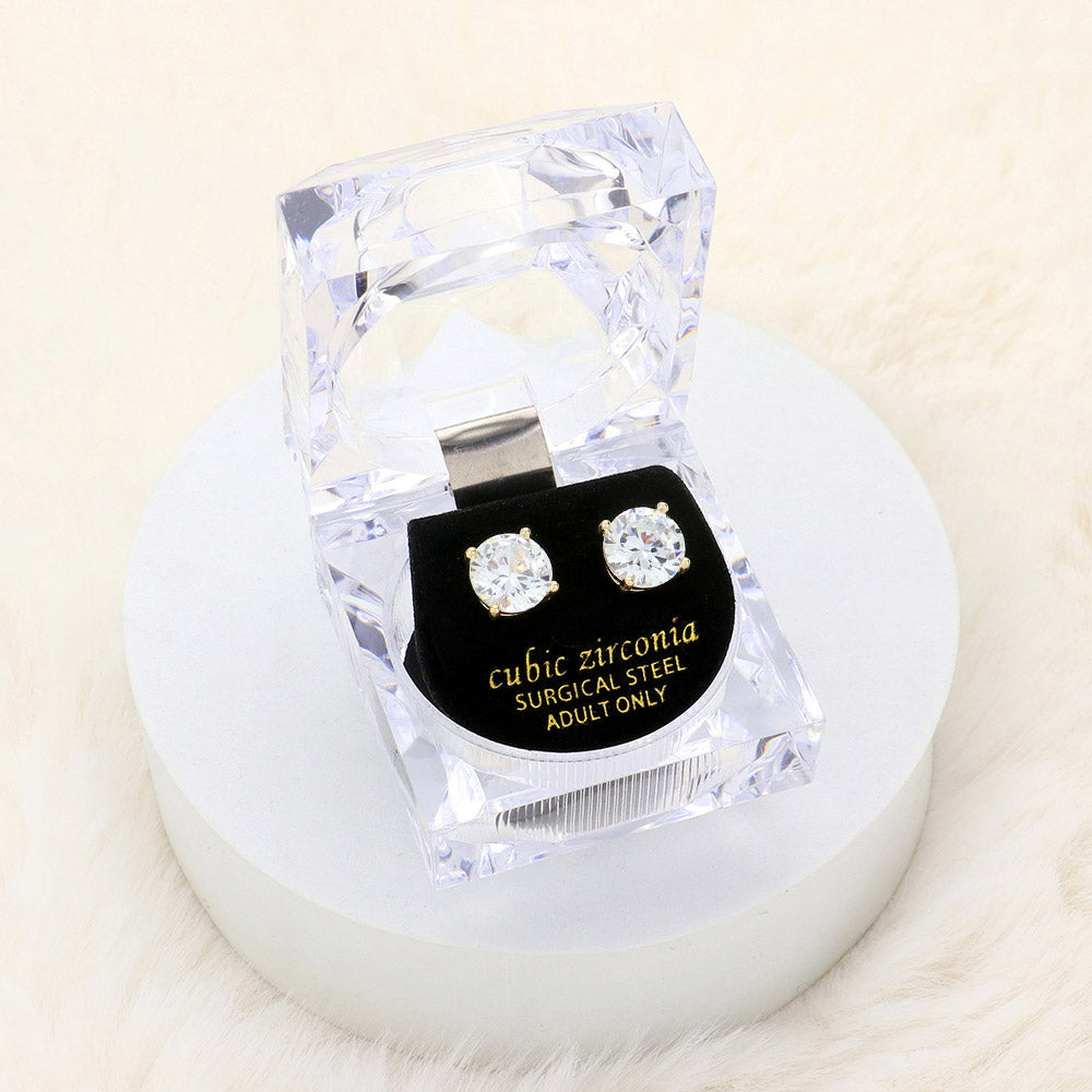 9mm Round Crystal Cubic Zirconia Stud Earrings in Clear Gift Box - Ready to Gift - Gold - Stud Earrings