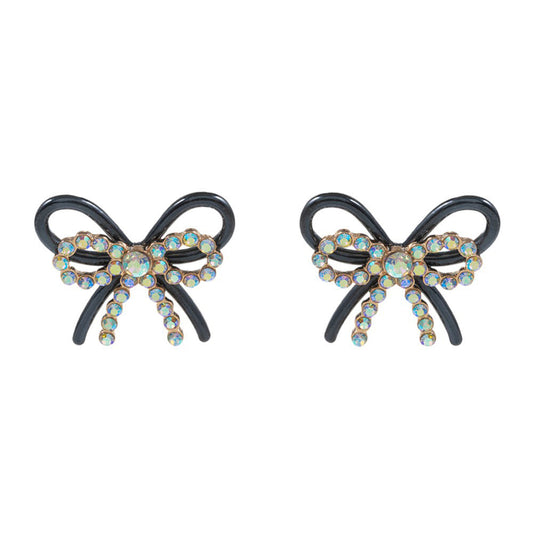 AB Black Rhinestone Paved Color Metal Wire Bow Earrings are a stylish and elegant addition to any outfit. The intricate design and sparkling rhinestones add a touch of glamour, while the metal wire construction ensures durability. Perfect for any occasion, these earrings are a must-have for any fashion-savvy individual.