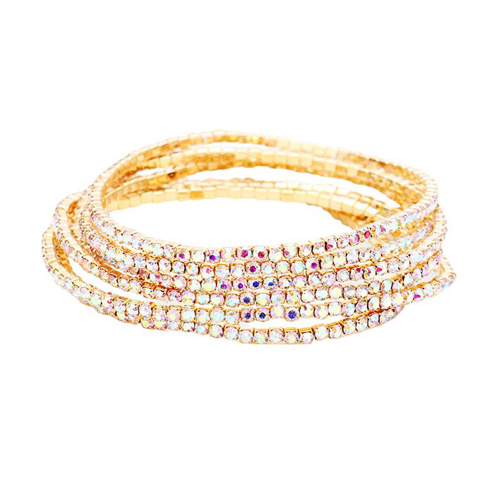 AB Gold 6PCS - Rhinestone Multi Layered Stretch Evening Bracelets, Perfect for a formal event or adding some glam to your everyday look. The sparkling rhinestones will catch the light and make you shine! Get ready to turn heads and feel confident with each wear. The ideal choice for making a lovely gift to your loved ones.