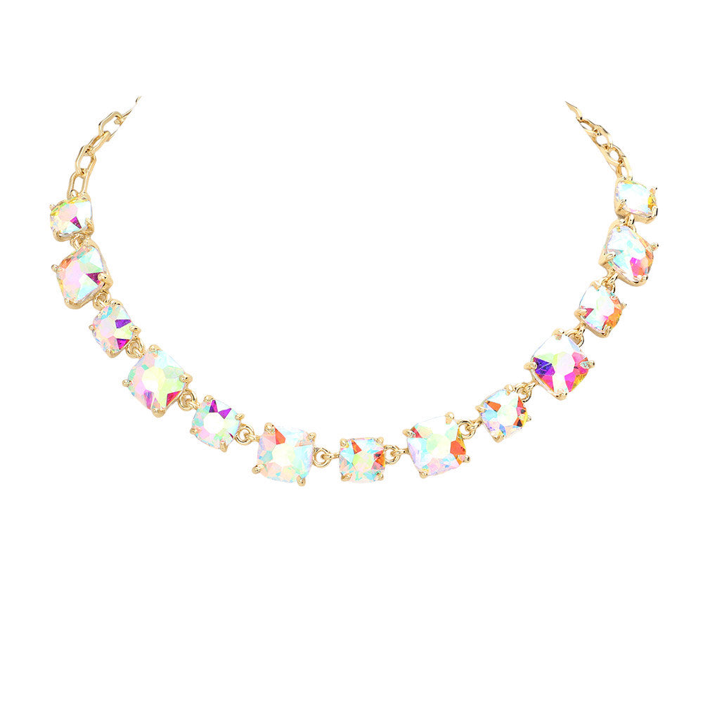 AB Gold Cushion Square Stone Link Evening Necklace, is the perfect accessory for any occasion. Crafted with attention to detail, this evening necklace will add a touch of glamour to any attire. Perfect Birthday Gift, Mother's Day Gift, Anniversary Gift, Christmas Gift, Valentine's Day Gift, Wedding Party.