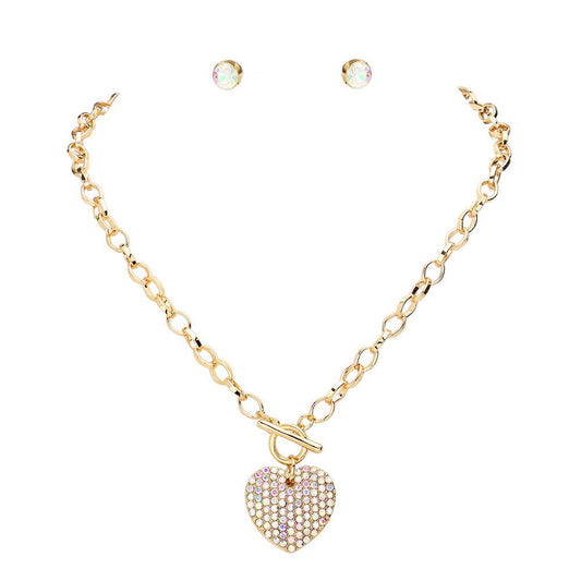 AB Gold Stone Paved Heart Pendant Metal Toggle Jewelry Set, is a timeless and elegant addition to any jewelry collection. Made with high-quality materials, this set features a stunning stone paved heart pendant and a metal toggle closure for easy and secure wear. Elevate any outfit with this versatile and classic set.