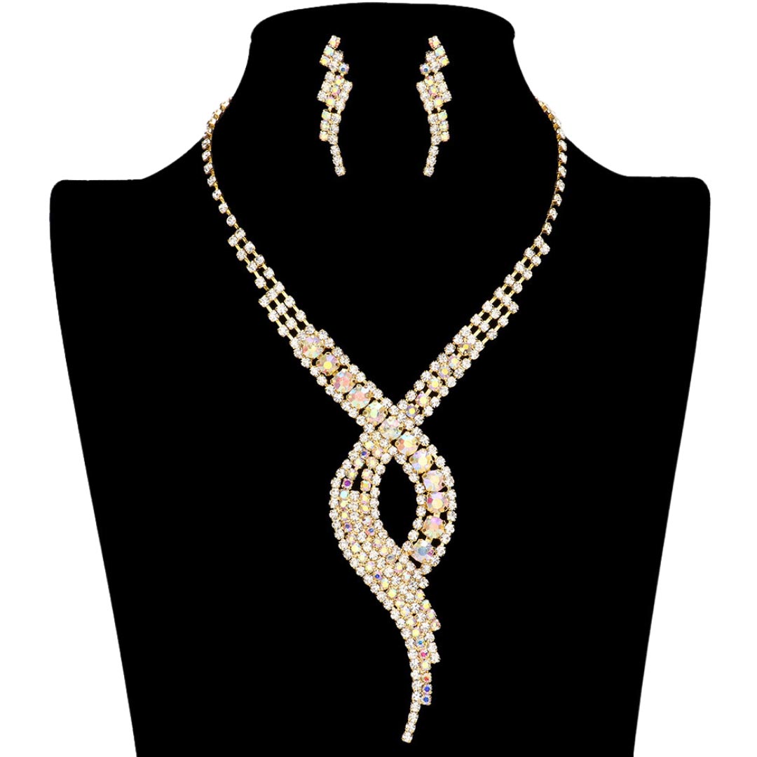 AB Gold Swirl Rhinestone Pave Necklace, get ready with this swirl rhinestone pave necklace to receive the best compliments on any special occasion. These classy swirl rhinestone pave necklaces are perfect for parties, weddings, and evenings. Awesome gift for birthdays, anniversaries, Valentine‚Äö√Ñ√¥s Day, or any special occasion.