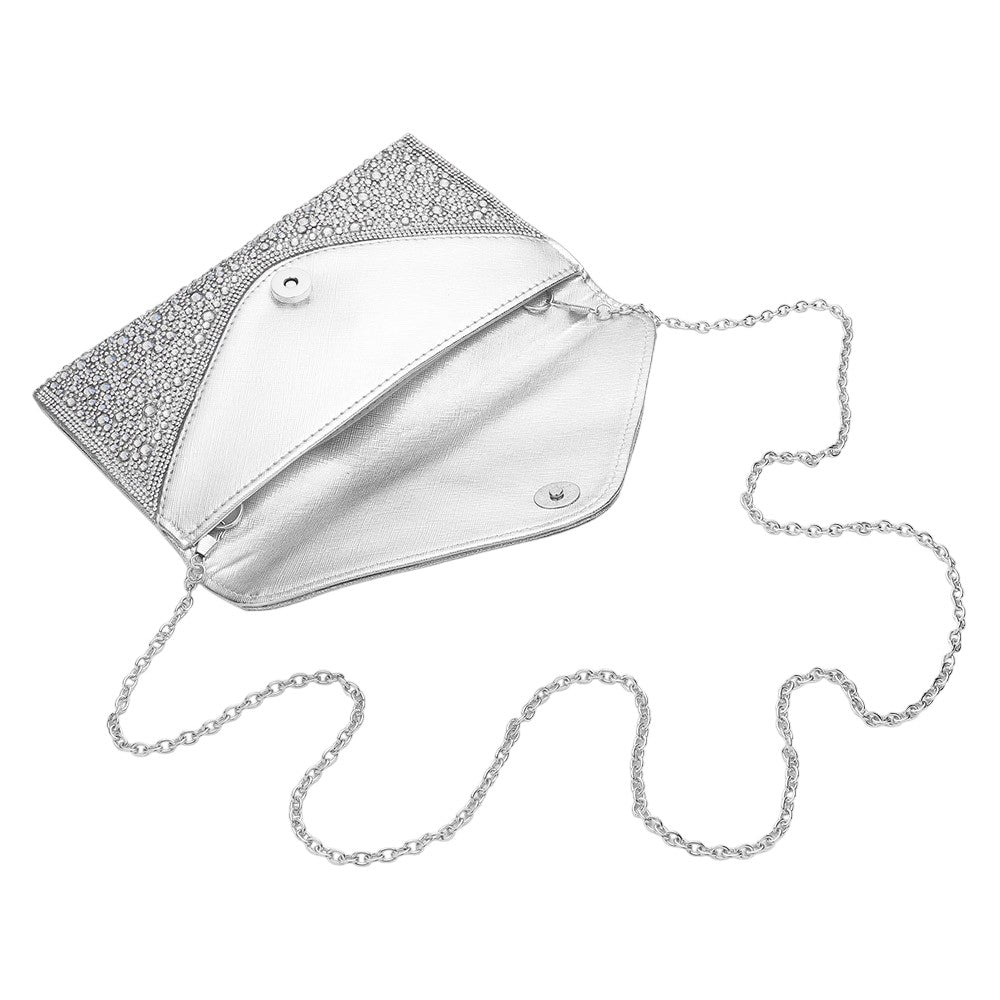 AB Silver Bling Stone Studded Clutch Bag doubles as a crossbody bag as well, making it a versatile and stylish choice for any evening occasion. The bling stones add a touch of glamour, while the flap envelope design keeps your belongings secure. Perfect for a night out, this bag will elevate any outfit.