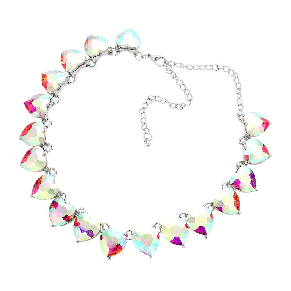 AB-Silver-Heart Stone Link Evening Necklace, put on a pop of color to complete your ensemble. Perfect for adding just the right amount of shimmer & shine and a touch of class to special events. Perfectly lightweight for all-day wear. Perfect Birthday Gift, Anniversary Gift, Mother's Day Gift, or Valentine's Day Gift. 