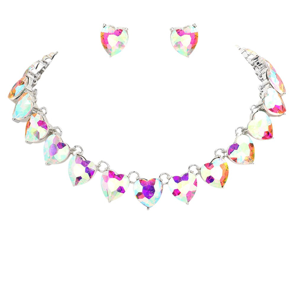 AB-Silver-Heart Stone Link Evening Necklace, put on a pop of color to complete your ensemble. Perfect for adding just the right amount of shimmer & shine and a touch of class to special events. Perfectly lightweight for all-day wear. Perfect Birthday Gift, Anniversary Gift, Mother's Day Gift, or Valentine's Day Gift. 