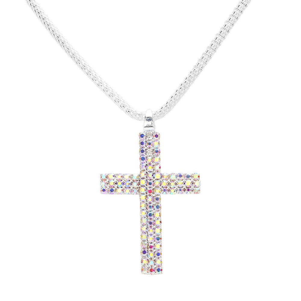 AB Silver Rhinestone Paved Cross Pendant Jewelry Set is exquisitely crafted from premium-grade metal alloy for a lasting shine. Its intricate design is adorned with shimmering rhinestones for an elegant look. The set includes a matching necklace and earrings. Perfect gift for religious friends and family members.