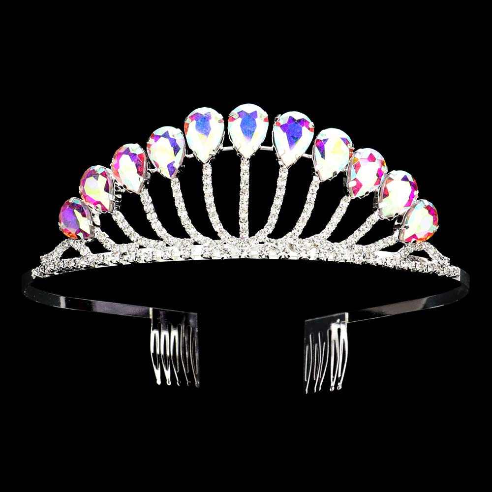 Teardrop Stone Accented Princess Tiara - AB Silver - Tiaras