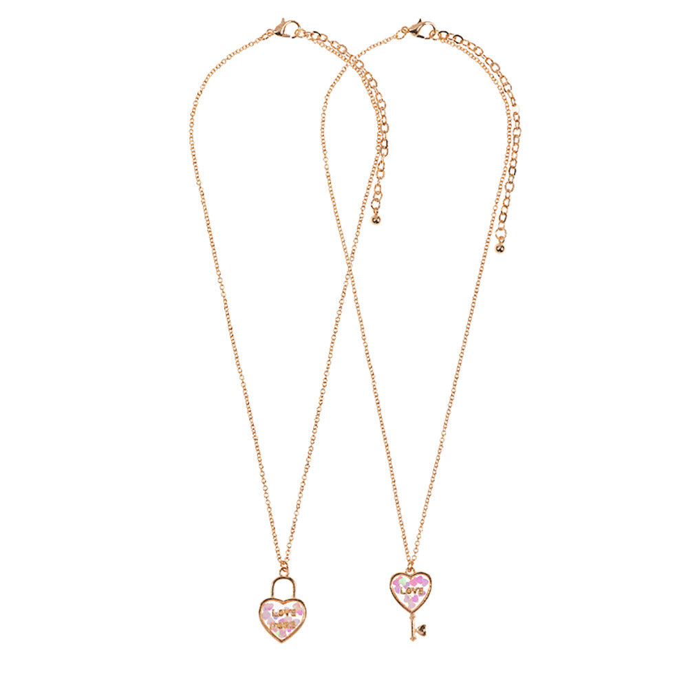 AB White 2-piece "Love &amp; Love More" BFF heart lock and key necklace set is the perfect symbol of friendship. Made of high-quality materials, it is a special and meaningful gift for your best friend. Show your love and strengthen your bond with this beautiful jewelry set.