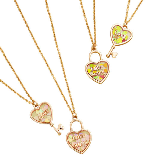 AB White 2-piece "Love &amp; Love More" BFF heart lock and key necklace set is the perfect symbol of friendship. Made of high-quality materials, it is a special and meaningful gift for your best friend. Show your love and strengthen your bond with this beautiful jewelry set.