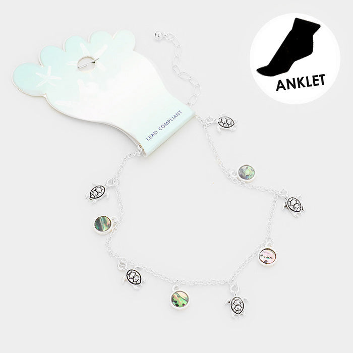 Madeline Love Abalone, Antique Silver Metal Turtle Abalone Disc Charm Detail Anklet - Anklets