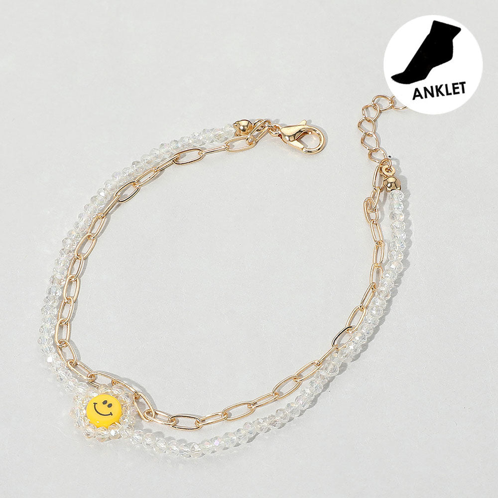 Madeline Love Clear, Gold Smile Accented Double Layered Anklet - Anklets