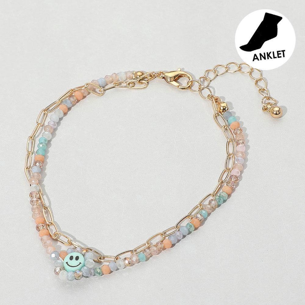 Madeline Love Blue, Multi Smile Accented Double Layered Anklet - Anklets