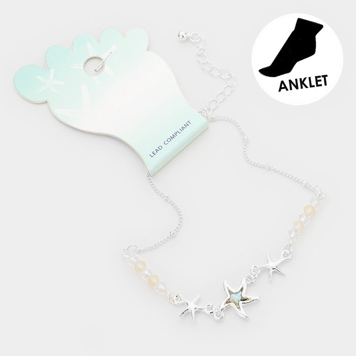 Madeline Love Abalone, Silver Abalone Starfish Charm Bead Detailed Anklet - Anklets