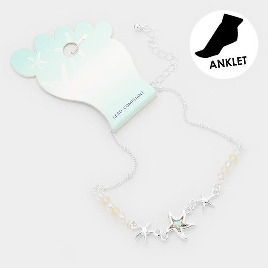 Madeline Love Abalone, Silver Abalone Starfish Charm Bead Detailed Anklet - Anklets
