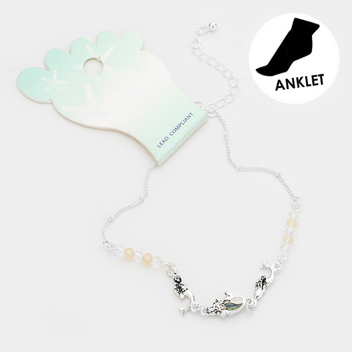 Madeline Love Abalone, Antique Silver Abalone Mermaid Bead Detailed Anklet - Anklets