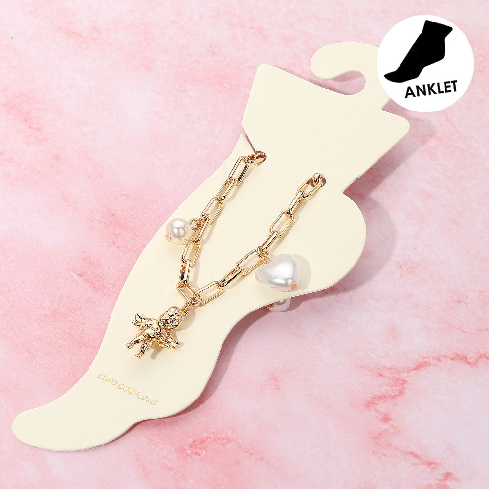 Madeline Love Cream, Gold Heart Pearl Metal Bow Angel Balloon Dog Charm Station Paperclip Chain Anklet - Anklets