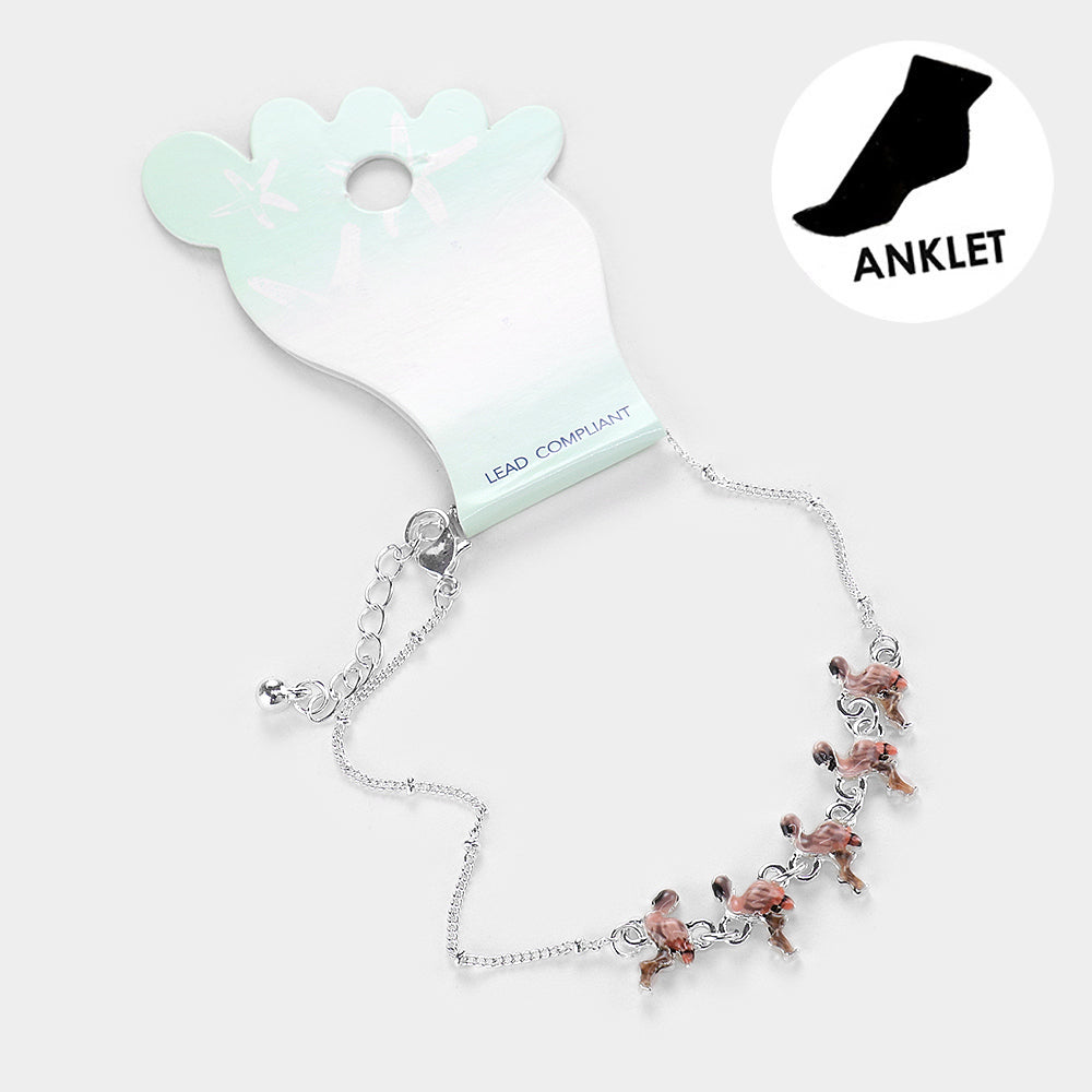 Madeline Love Silver Enamel Flamingo Link Anklet - Anklets