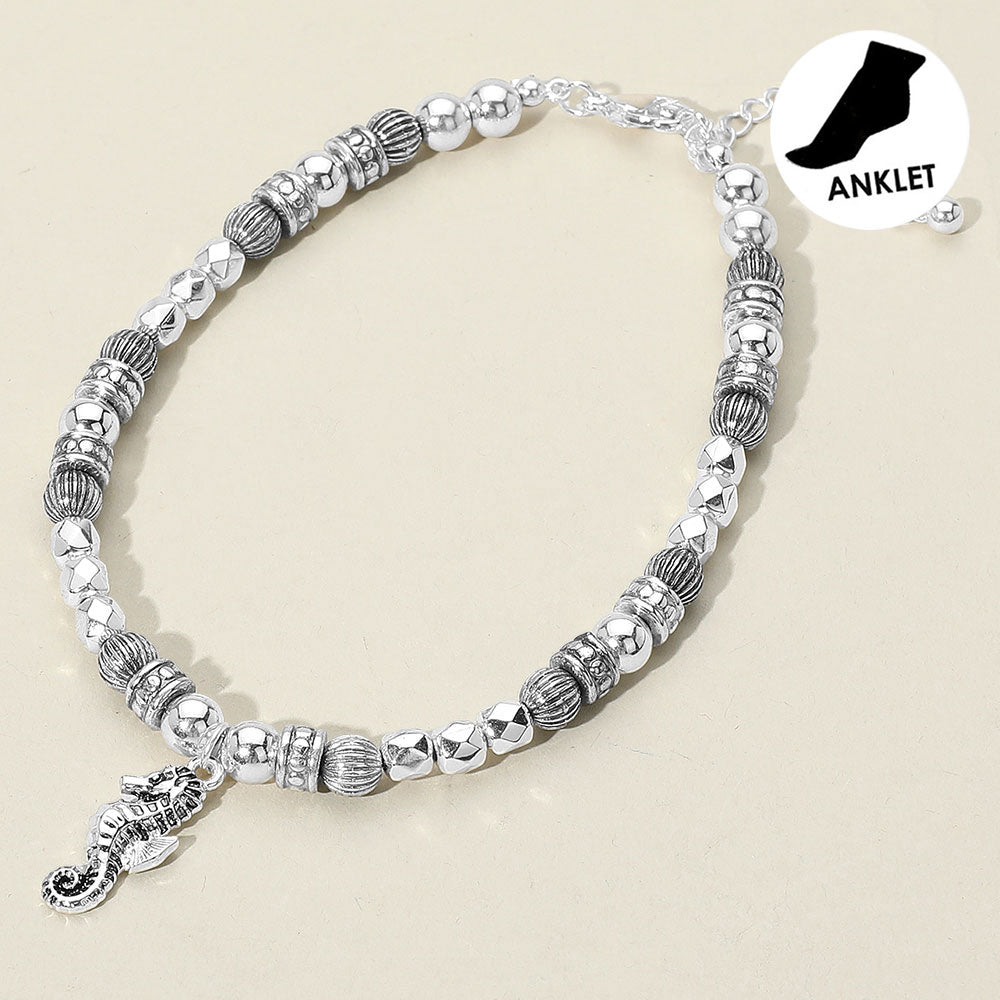 Madeline Love Antique Silver Antique Metal Bead Seahorse Charm Anklet - Anklets