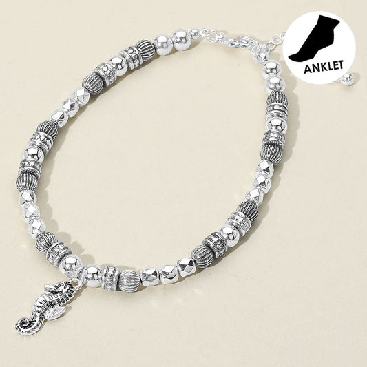 Madeline Love Antique Silver Antique Metal Bead Seahorse Charm Anklet - Anklets