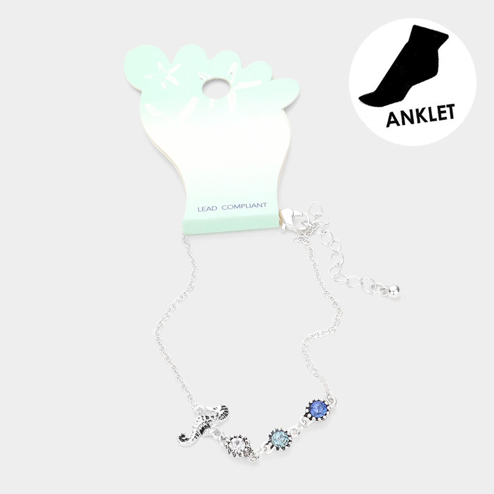 Madeline Love Antique Silver Metal Seahorse Triple Round Stone Charm Anklet - Anklets
