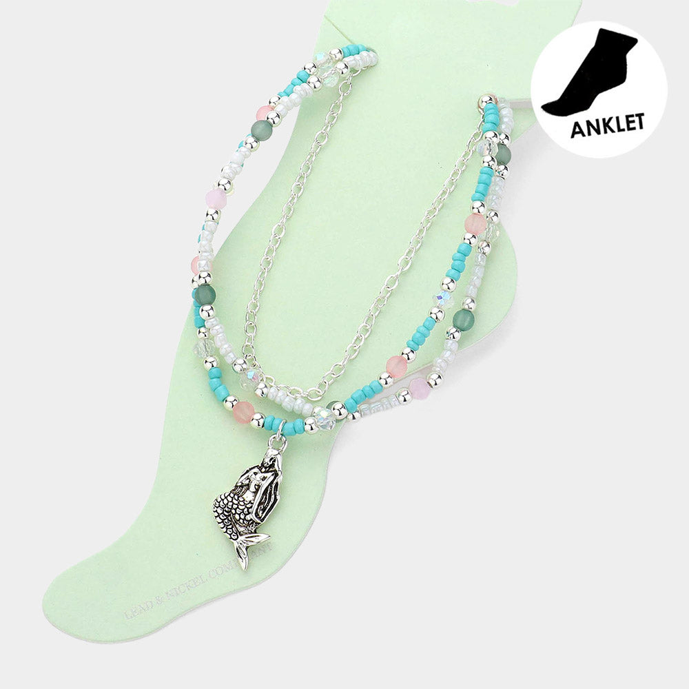 Madeline Love Antique Silver, Multi Mermaid Charm Seed Beads Faceted Beads Beaded Triple Layered Anklet - Anklets