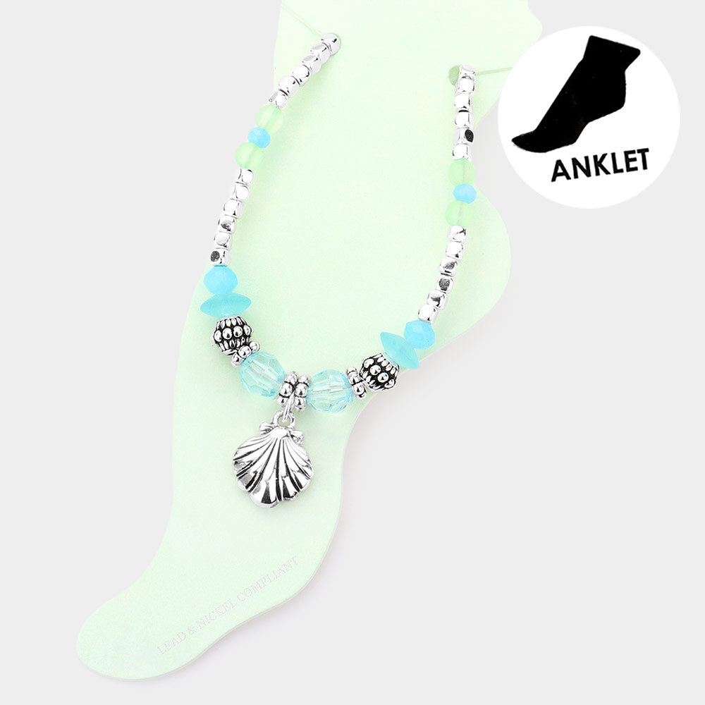Antique Silver, Blue Antique Metal Shell Charm Beaded Anklet