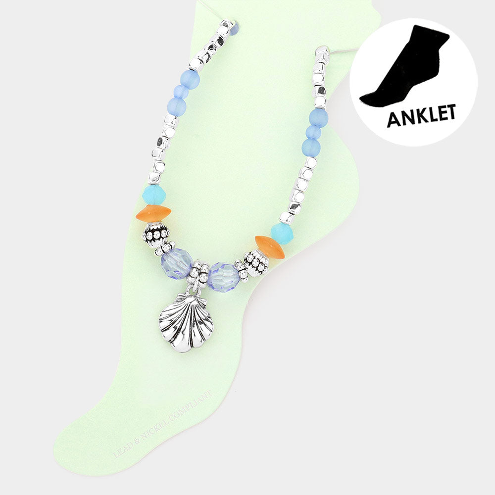 Antique Silver, Multi Antique Metal Shell Charm Beaded Anklet