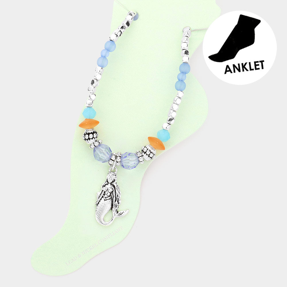 Antique Silver, Multi Antique Metal Mermaid Charm Beaded Anklet